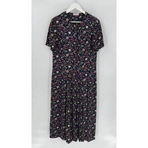 Talbots Vintage Dress Womens Medium/Large Navy Blue Floral Print Button Pleated